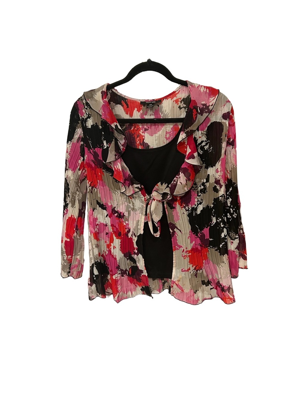 Style & Co. Pink Black Cream Floral Ruffle Tie-Front Blouse Size 10P.       380